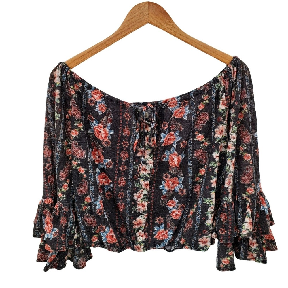 Haute Project Black Boho Floral Bell Sleeve Blouse Tie Front Womens Size Large